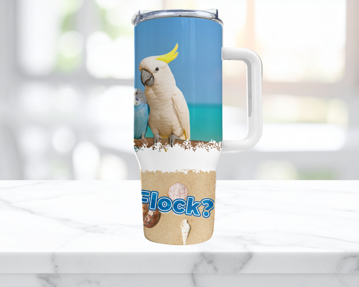 Parrot Flock with Ocean Scene "What the Flock" 40oz Stainless Steel Tumbler