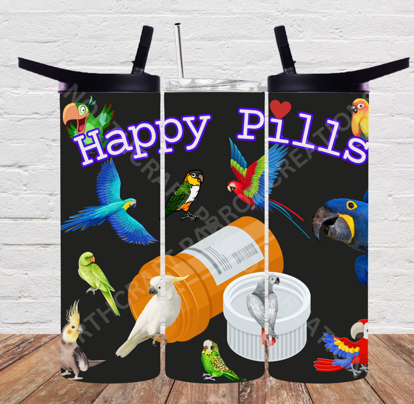 Parrot Variety "Happy Pills" Bottle 20oz or 30oz Tumbler