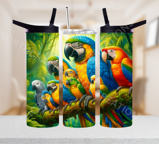Parrot Variety on Rainforest Branch 20oz or 30oz Tumbler
