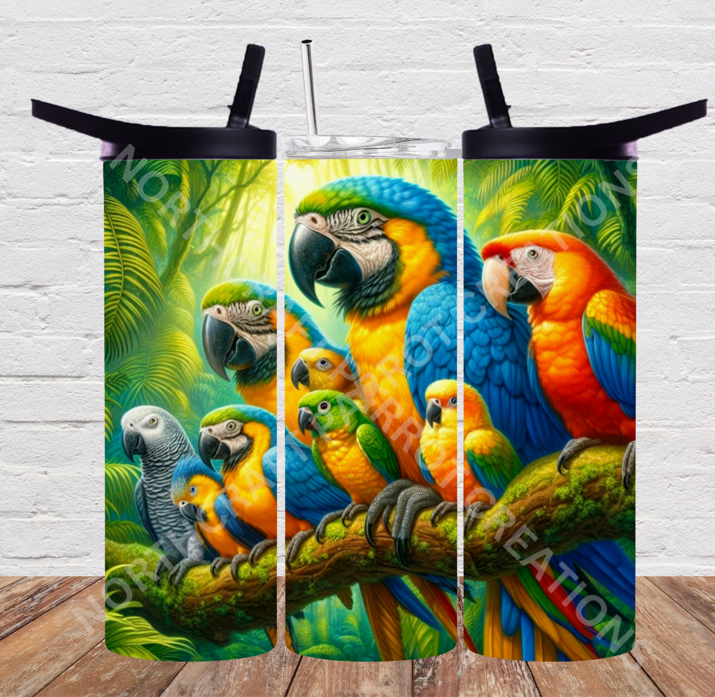 Parrot Variety on Rainforest Branch 20oz or 30oz Tumbler