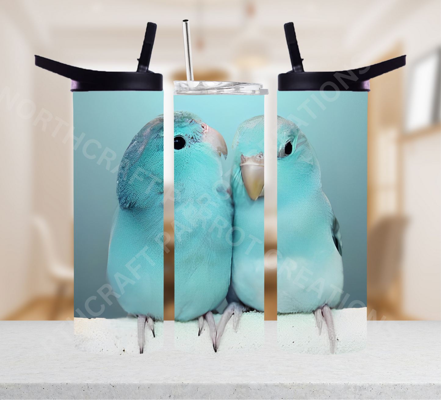 Parrotlet Pair (Blue) on White Perch 20oz or 30oz Tumbler