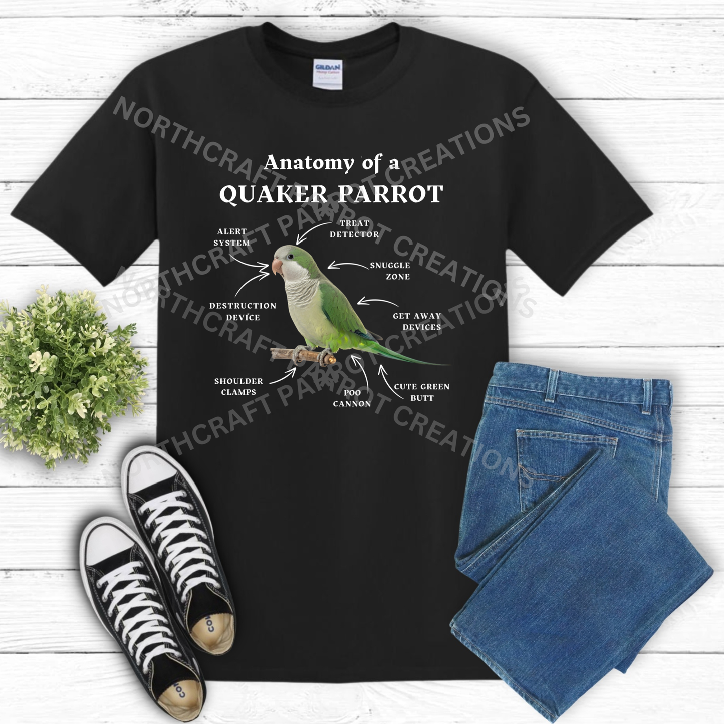 Quaker (Green) "Anatomy of a Quaker Parrot" Descriptive Labels 100% Cotton Parrot Shirt