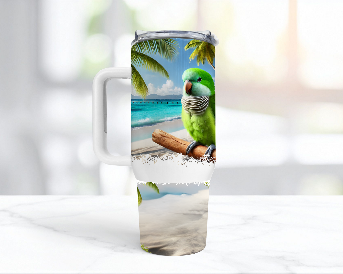 Quaker (Green) on Branch on Beach 40oz Tumbler