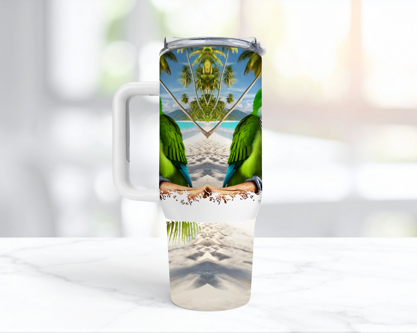 Quaker (Green) on Branch on Beach 40oz Tumbler