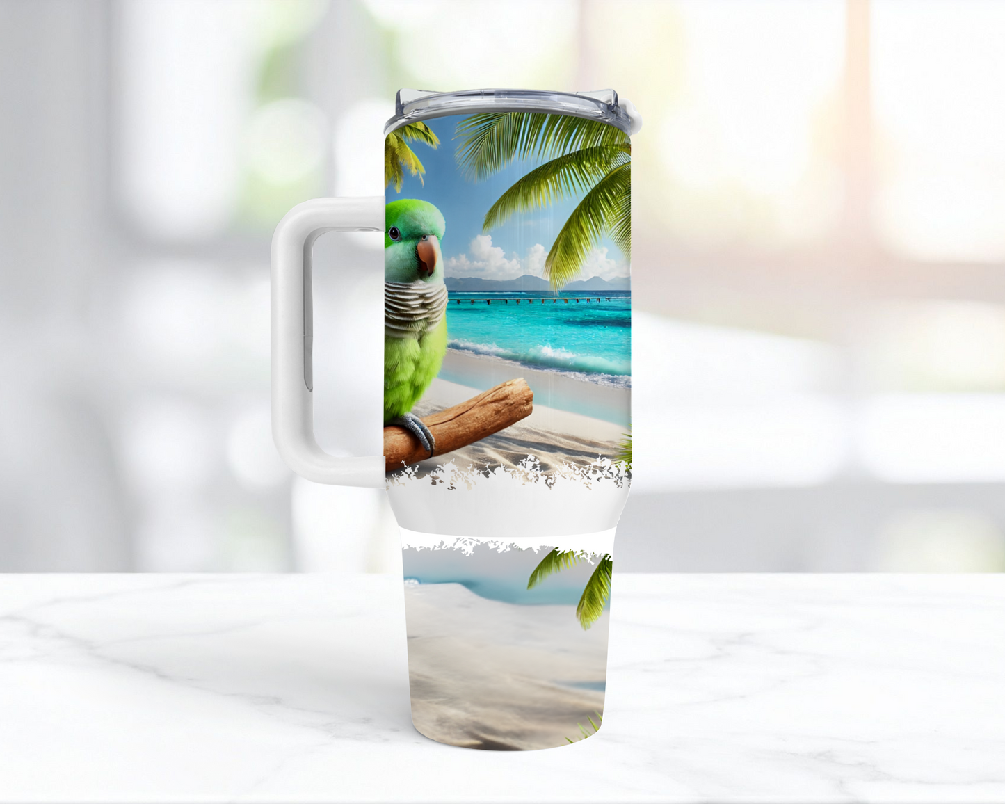 Quaker (Green) on Branch on Beach 40oz Tumbler