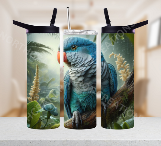 Quaker (Blue) on Branch in Rainforest 20oz or 30oz Tumbler