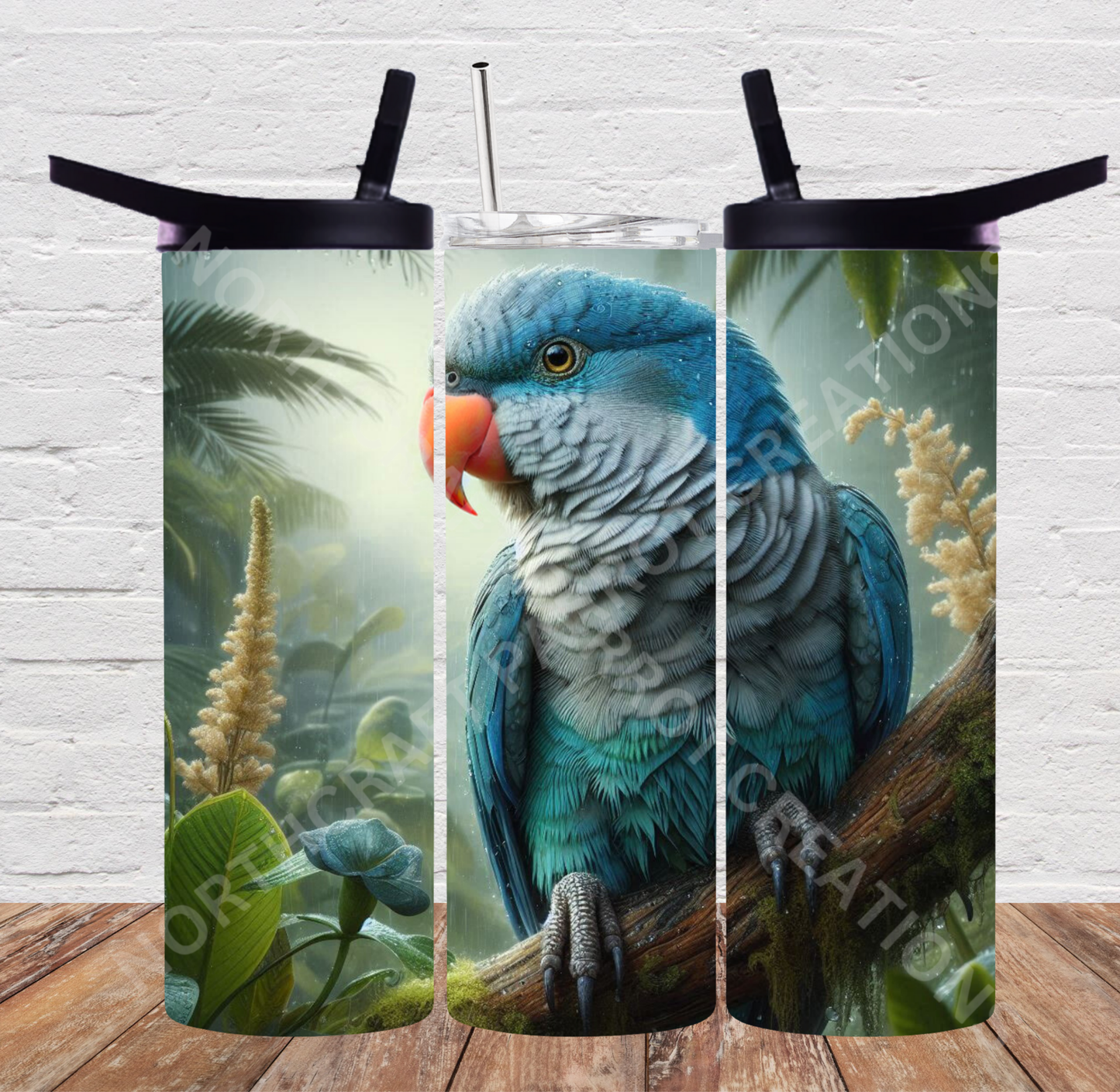 Quaker (Blue) on Branch in Rainforest 20oz or 30oz Tumbler