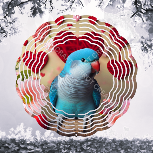 Quaker (Blue) on Branch Surrounded by Hearts and Flowers 8" or 10" Wind Spinner
