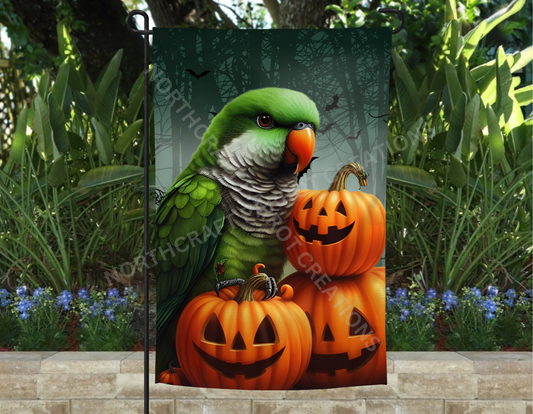 Quaker (Green) with Pumpkins Halloween Garden Flag