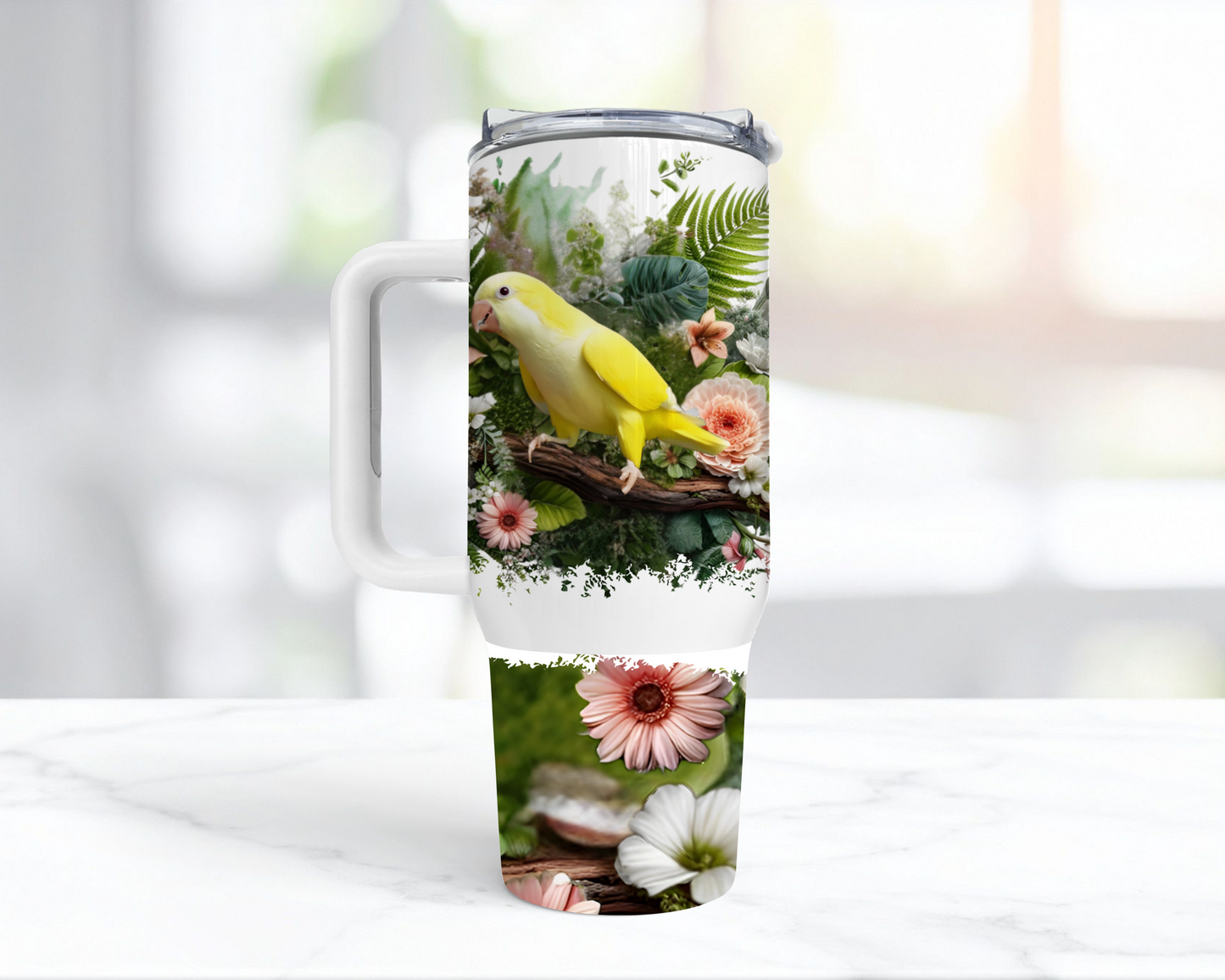 Quaker (Yellow) on a Floral Background