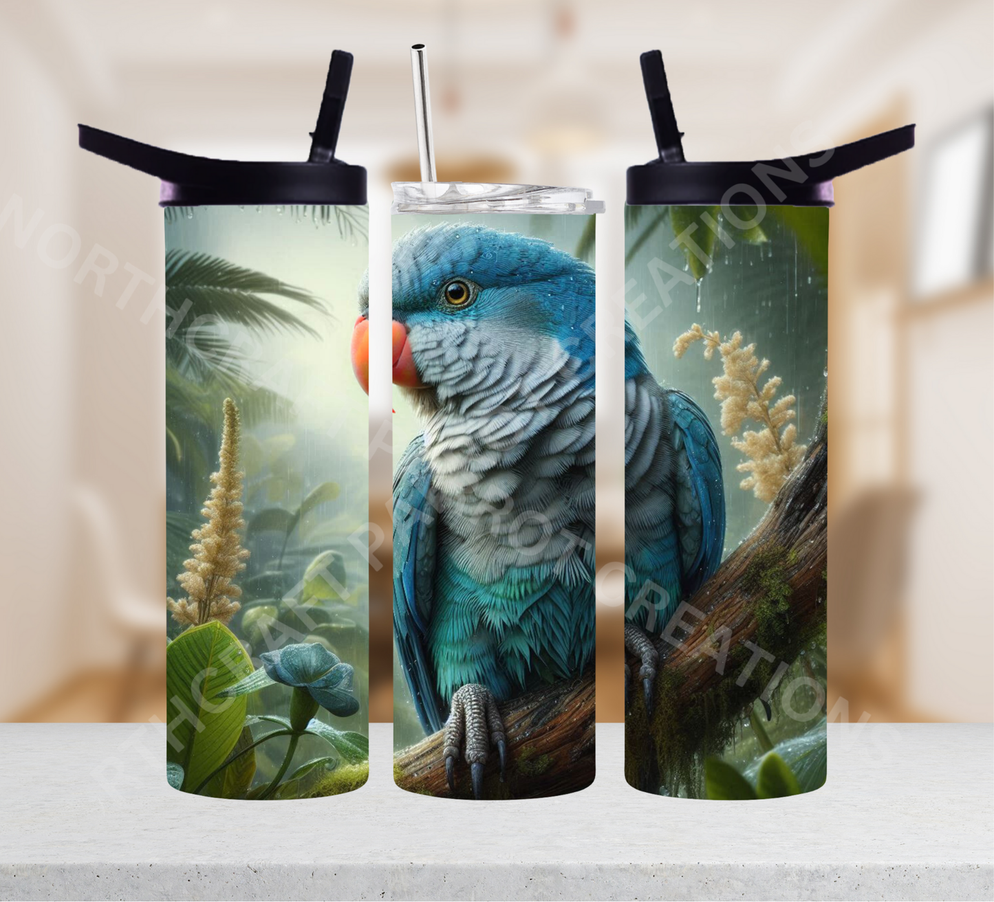 Quaker (Blue) on Branch in Rainforest 20oz or 30oz Tumbler