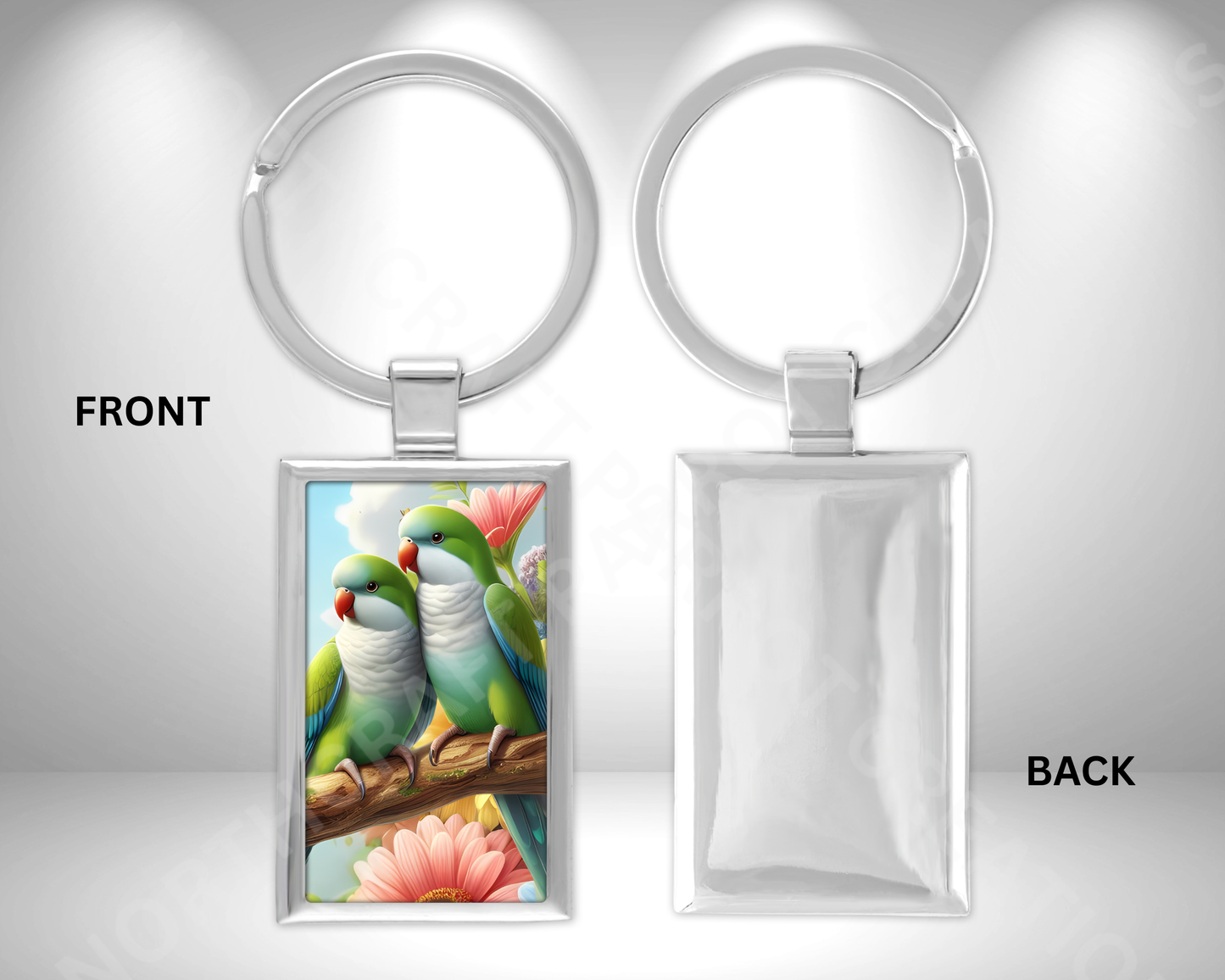 Quaker Pair (Green) on a Branch Rectangle Metal Keychain