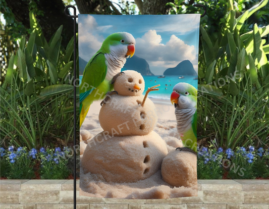 Quaker Pair on Beach with Sandman Garden Flag