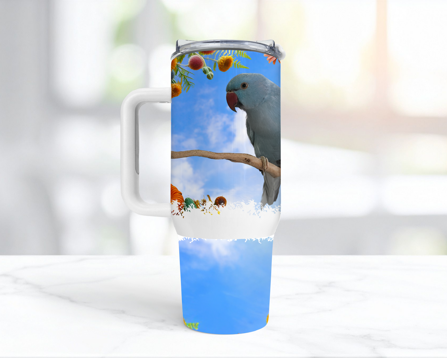 Ringneck (Blue) Against a Sky with Flowers