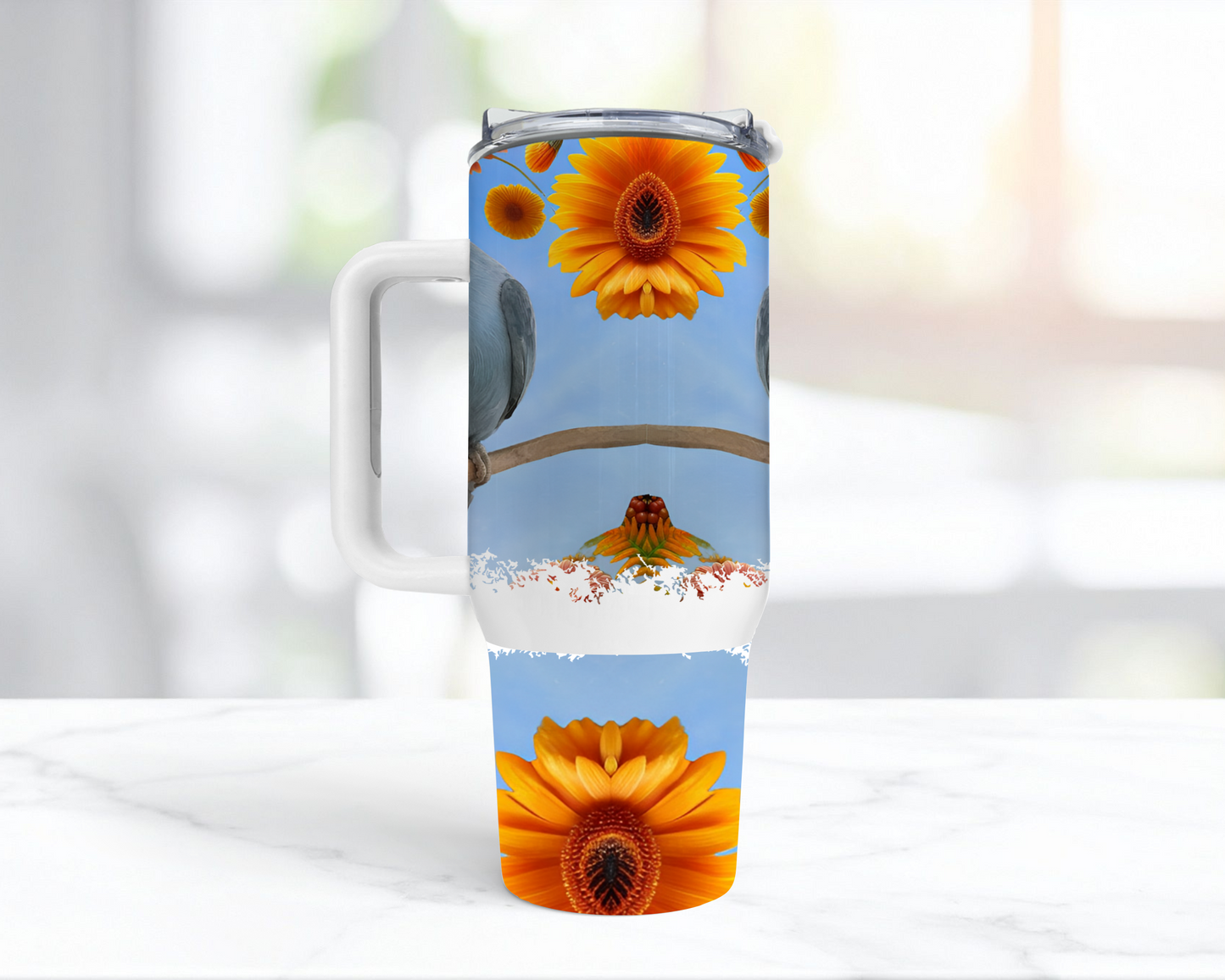 Ringneck (Blue) Against a Sky with Flowers