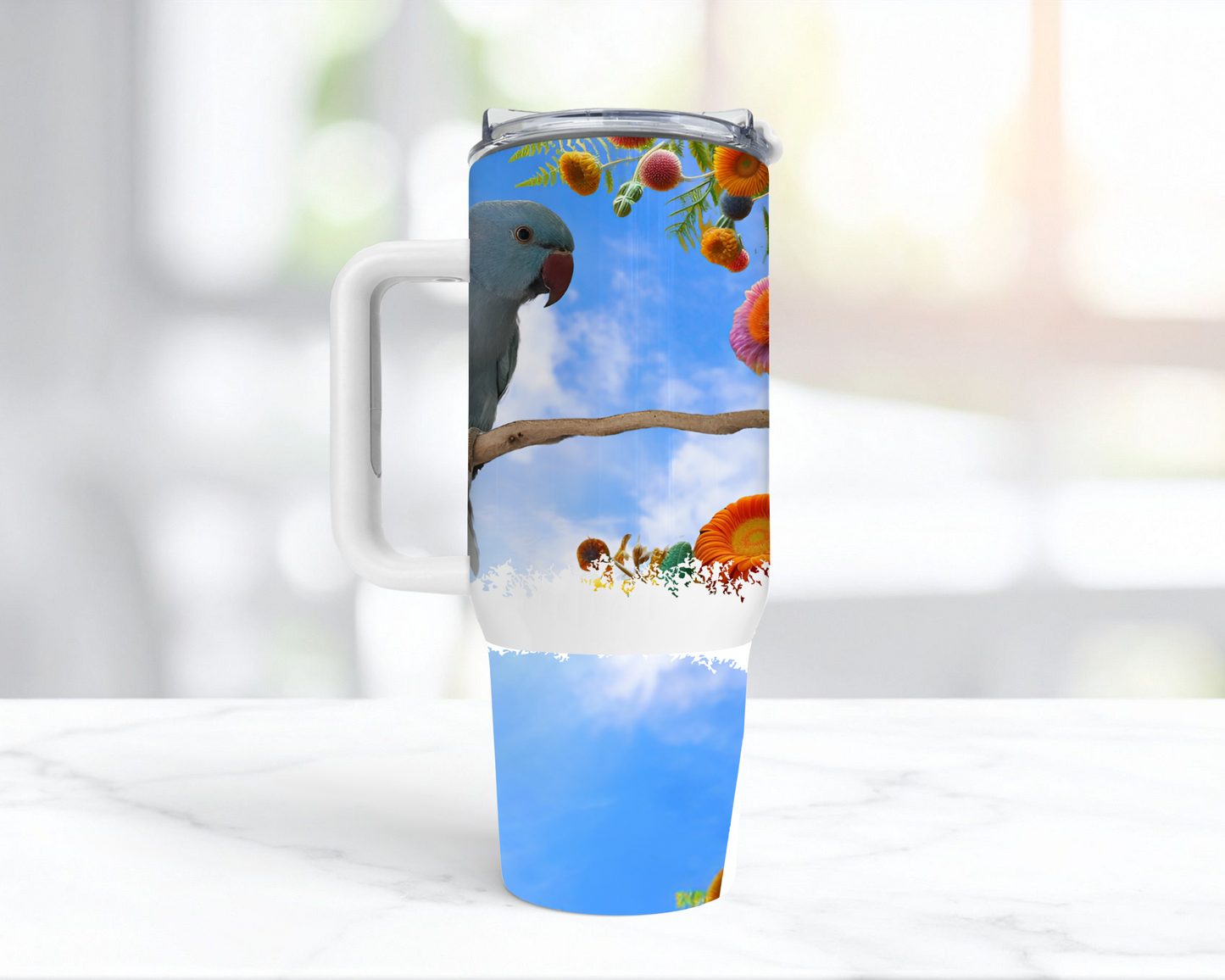 Ringneck (Blue) Against a Sky with Flowers
