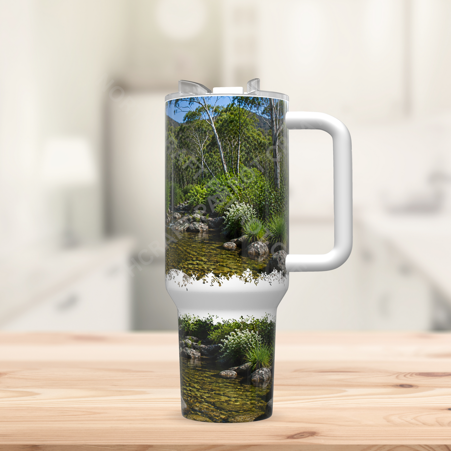 Rosella on branch with stream 40oz Stainless Steel Parrot Tumbler