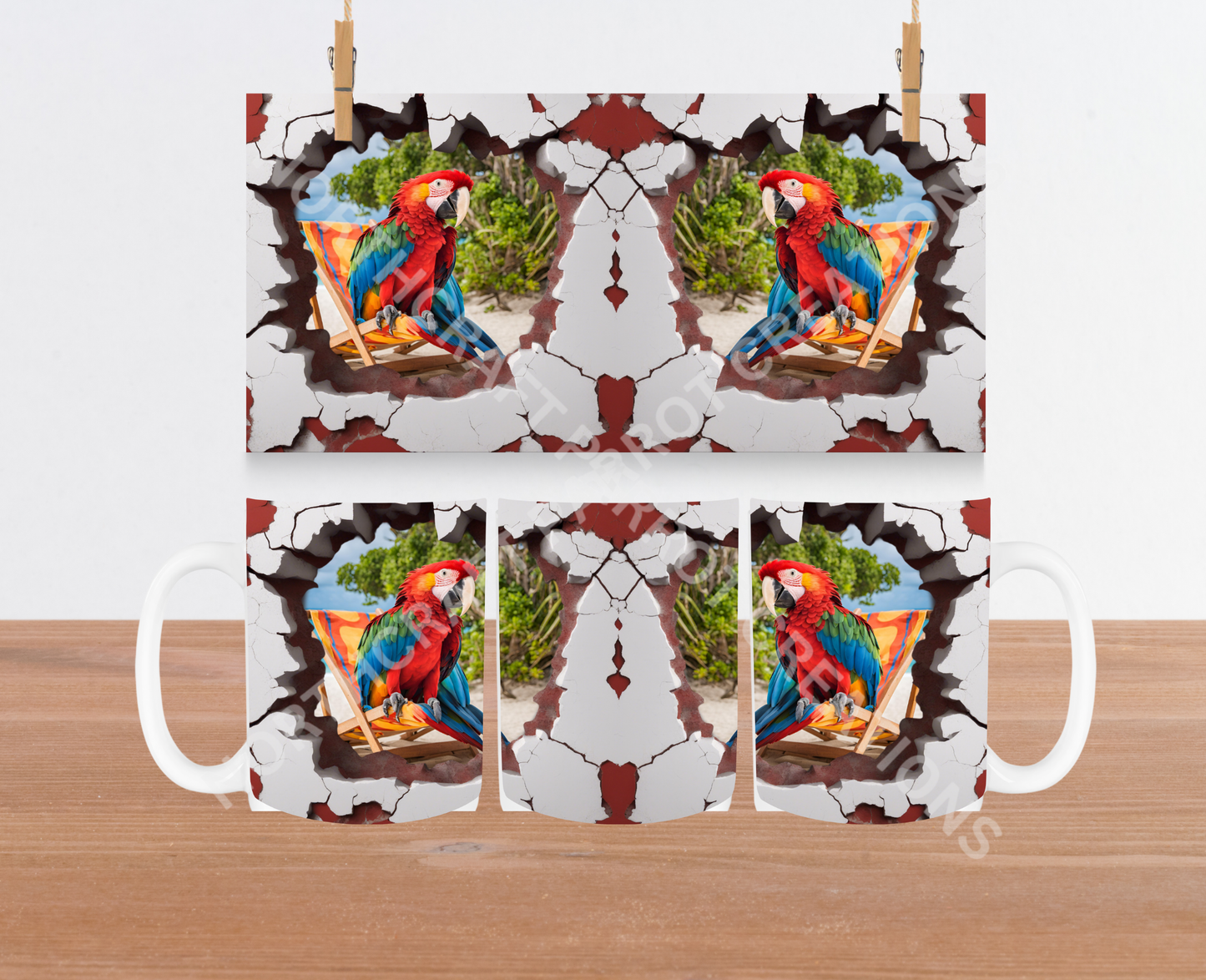 Scarlet Macaw Cracked Wall Beach Scene 15oz Ceramic Mug