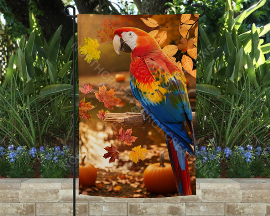 Scarlet Macaw in Fall with Leaves and Pumpkins Garden Flag