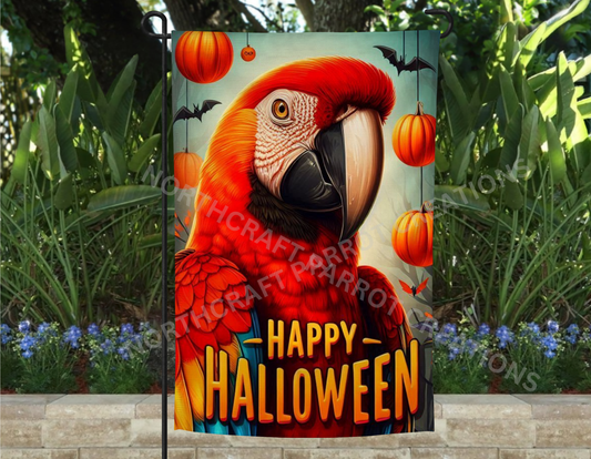 Scarlet Macaw "Happy Halloween" Garden Flag