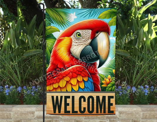 Scarlet Macaw "Welcome" Garden Flag