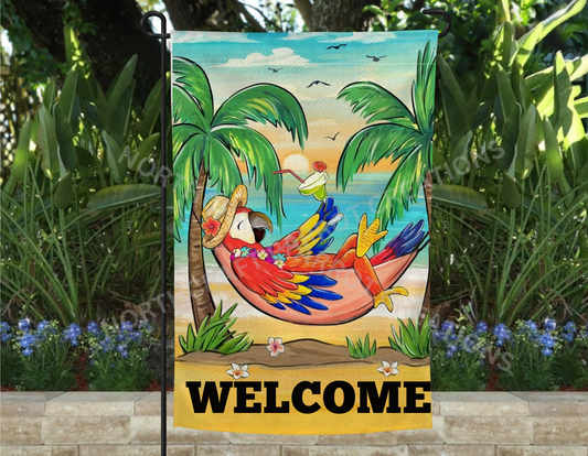 Scarlet Macaw Laying on Hammock Garden Flag