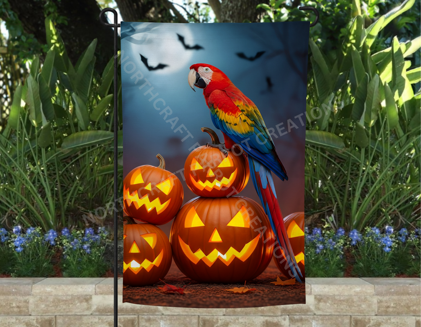 Scarlet Macaw on Pumpkins Halloween Garden Flag