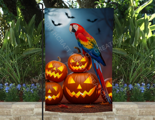 Scarlet Macaw on Pumpkins Halloween Garden Flag