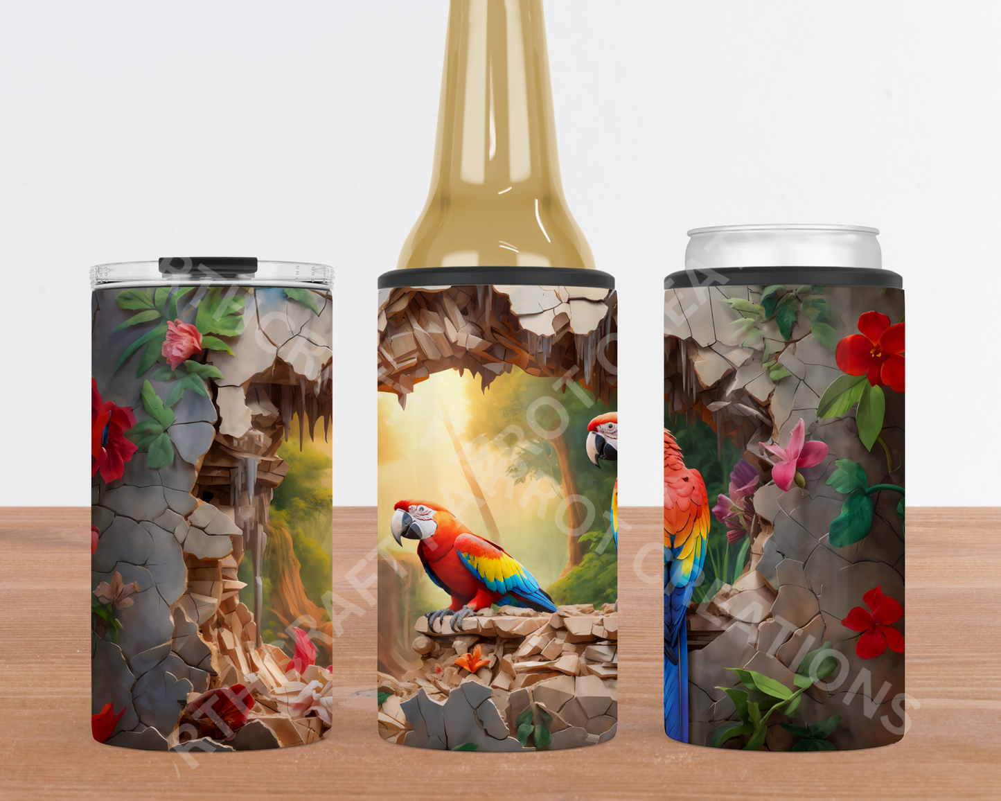 Scarlet Macaw Pair in Broken Wall 4-in-1 Stainless Steel Can Cooler