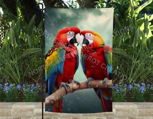 Scarlet Macaw Pair in Foggy Rain Garden Flag