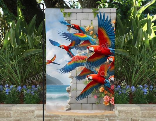 Scarlet Macaws Breaking through a Wall Garden Flag