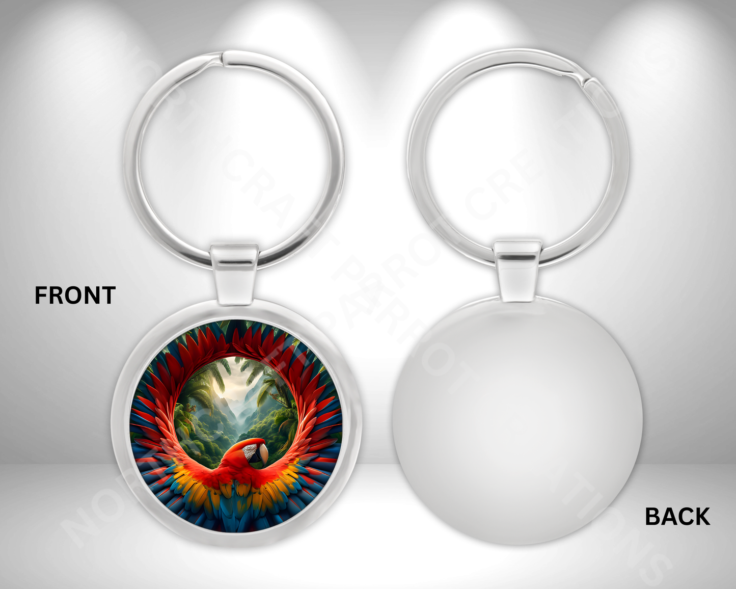 Scarlet Macaw with Wings Spread Circle Metal Keychain