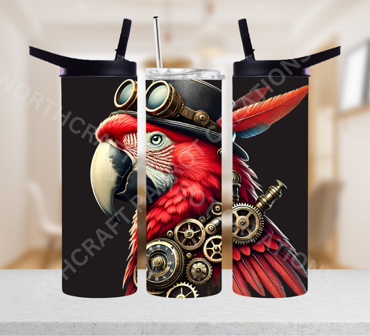 Scarlet Macaw in Steampunk Theme Black Background 20oz or 30oz Tumbler