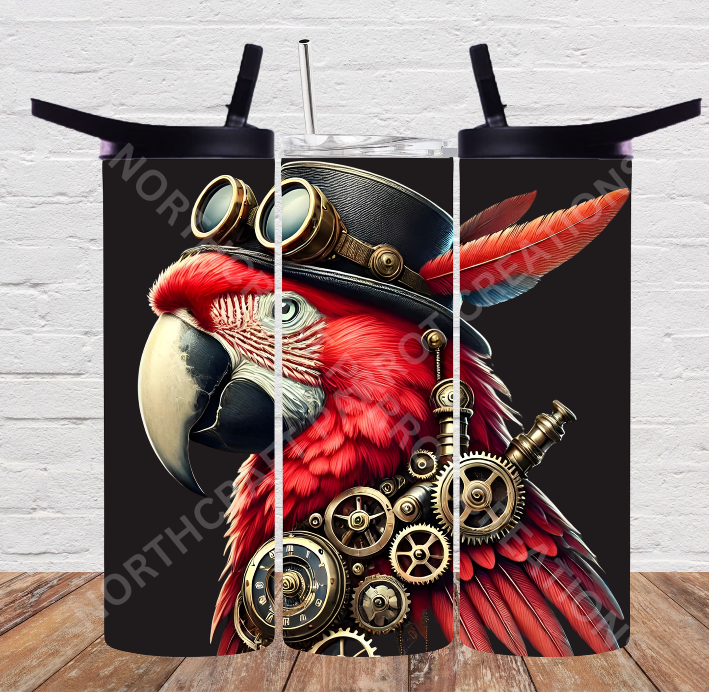 Scarlet Macaw in Steampunk Theme Black Background 20oz or 30oz Tumbler