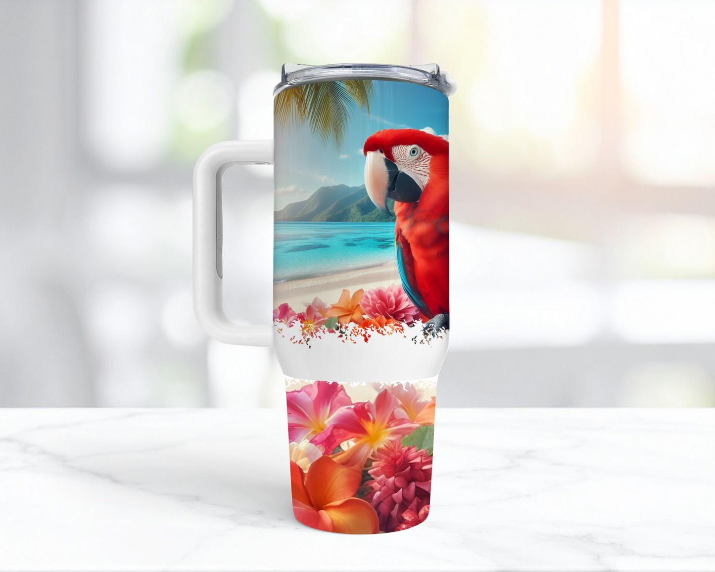 Scarlet Macaw on a Beach with Flowers 40oz Tumbler