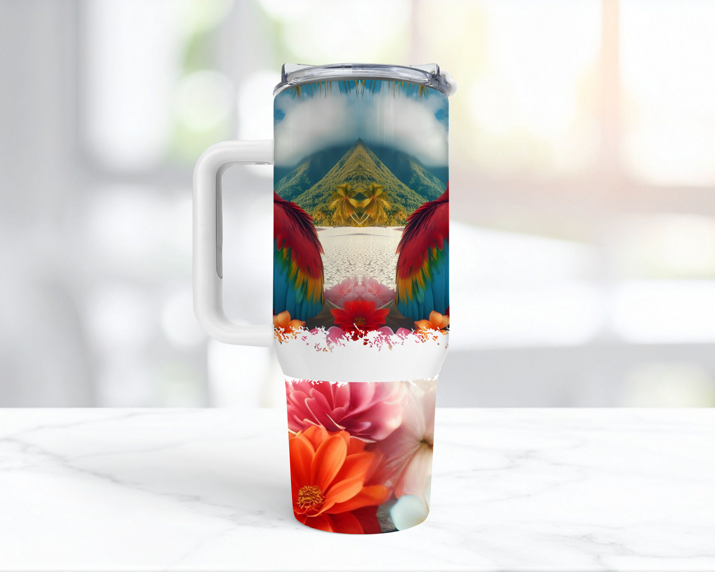 Scarlet Macaw on a Beach with Flowers 40oz Tumbler