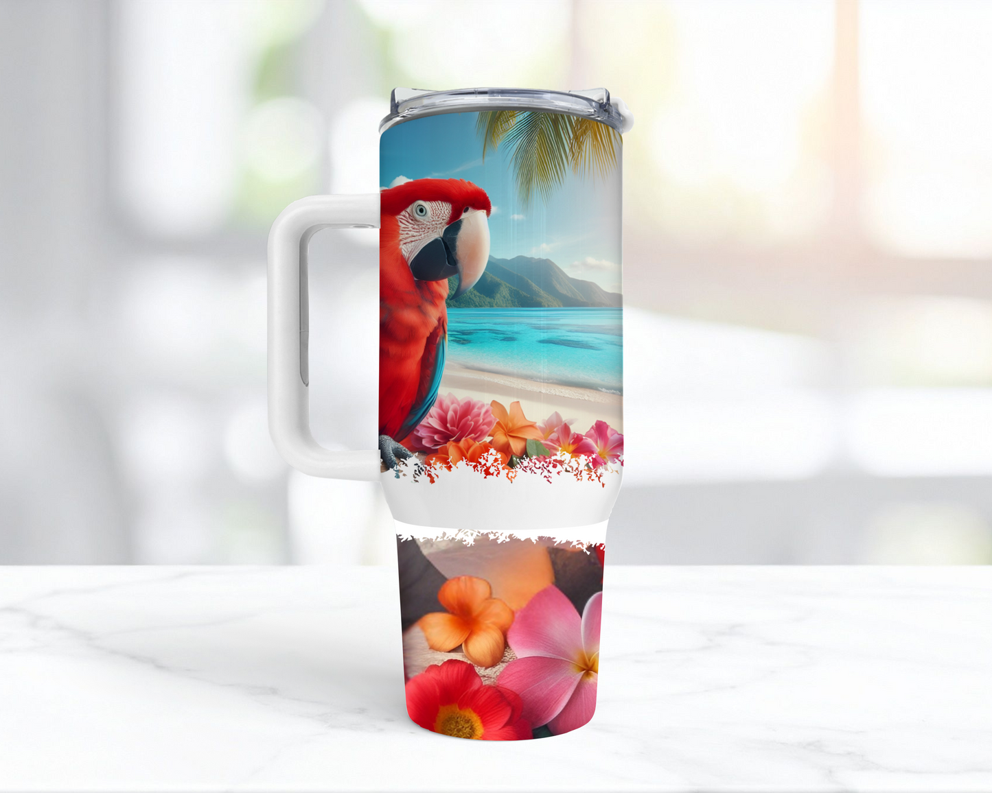 Scarlet Macaw on a Beach with Flowers 40oz Tumbler