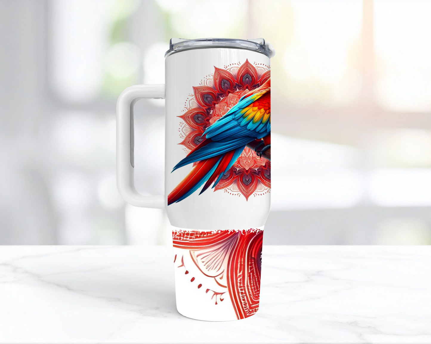 Scarlet Macaw on a red Mandala Background 40oz Tumbler