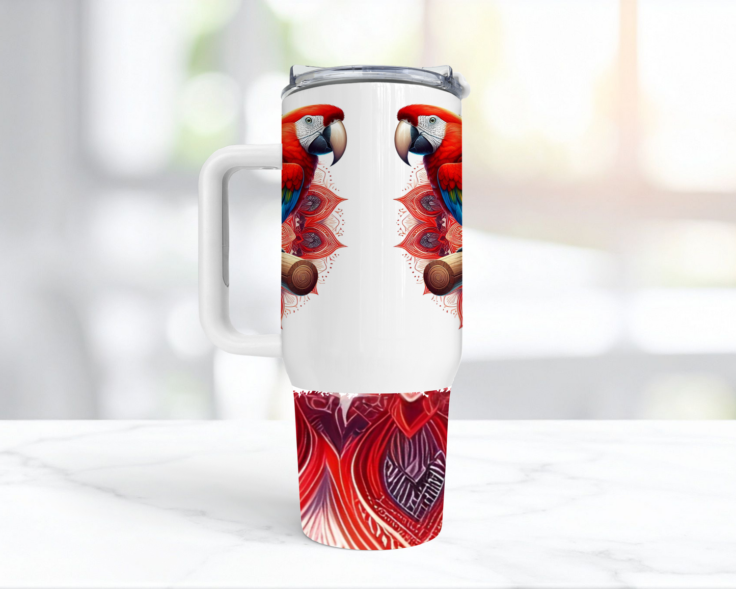 Scarlet Macaw on a red Mandala Background 40oz Tumbler