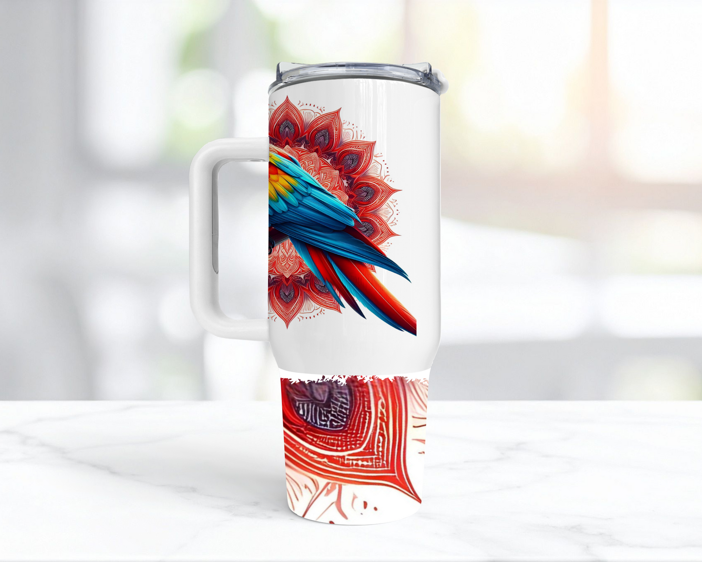 Scarlet Macaw on a red Mandala Background 40oz Tumbler