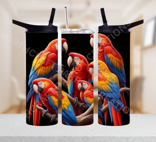 Scarlet Macaw Flock Black Background 20oz or 30oz Tumbler