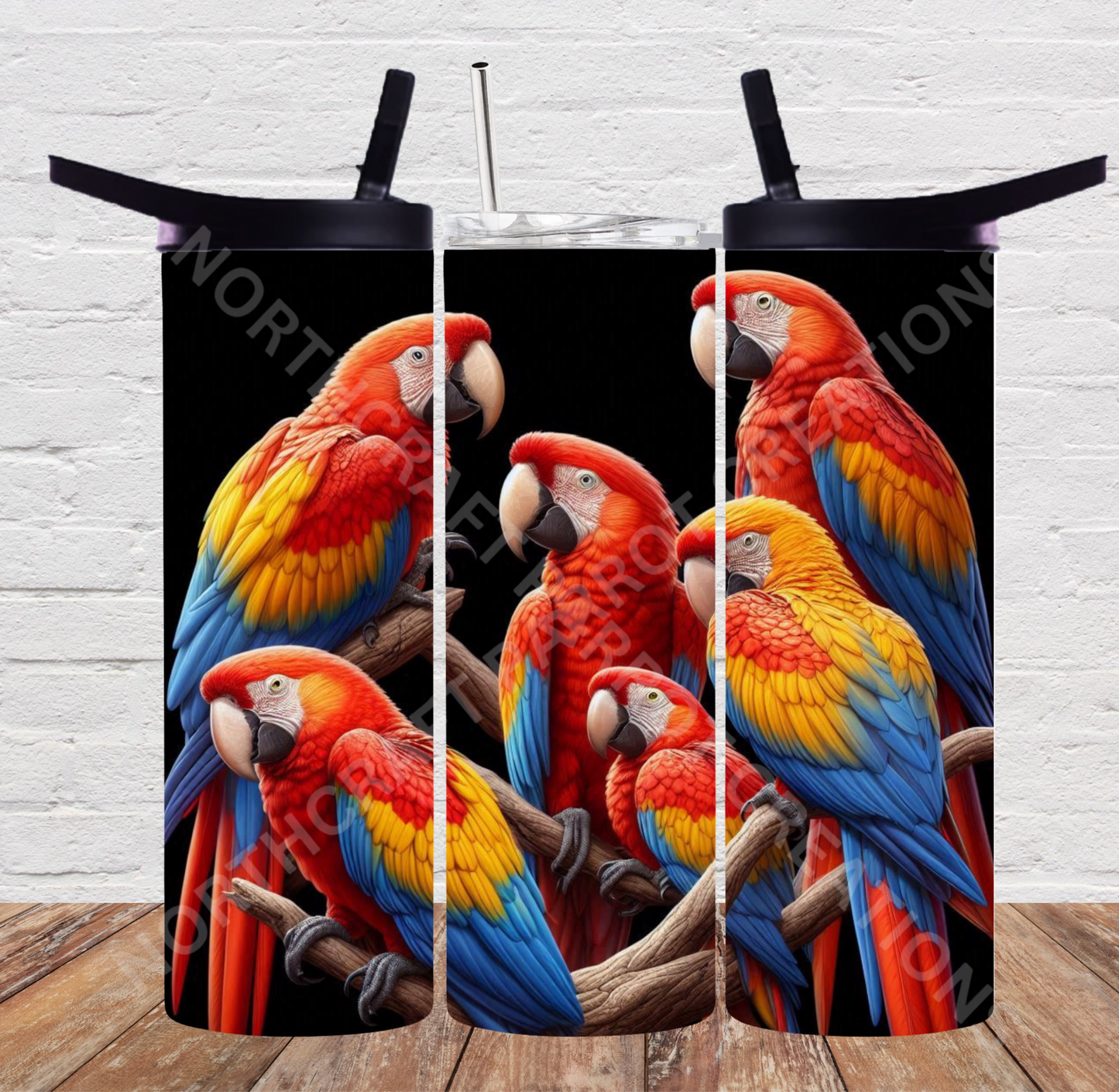 Scarlet Macaw Flock Black Background 20oz or 30oz Tumbler
