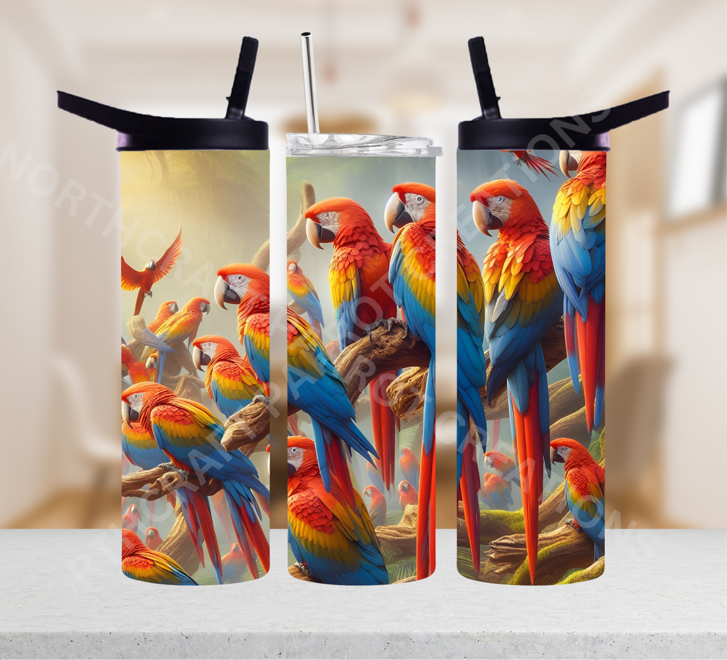 Scarlet Macaw Flock in Misty Rainforest 20oz or 30oz Tumbler