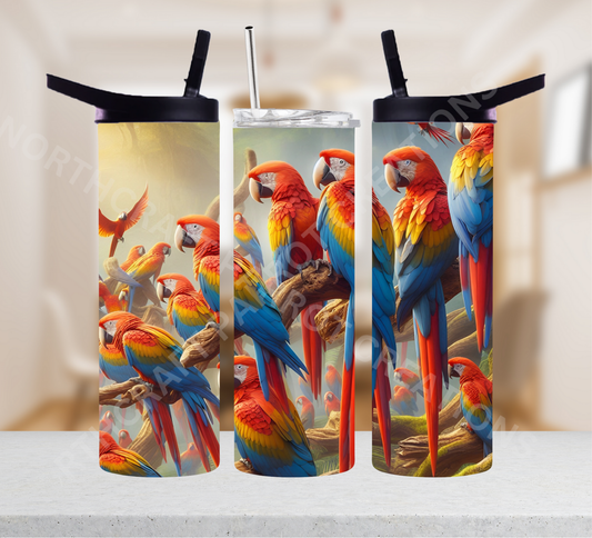 Scarlet Macaw Flock in Misty Rainforest 20oz or 30oz Tumbler