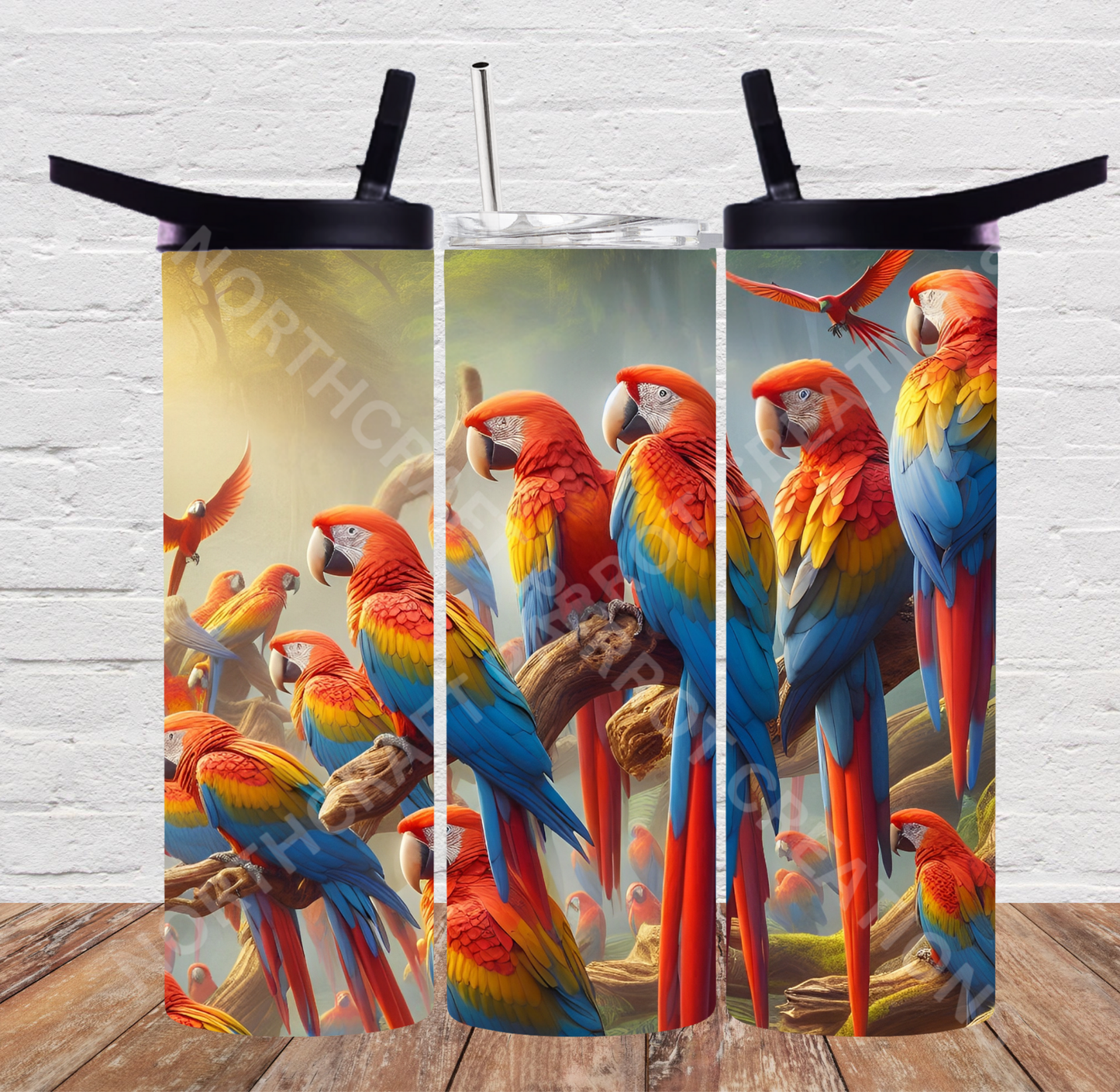 Scarlet Macaw Flock in Misty Rainforest 20oz or 30oz Tumbler
