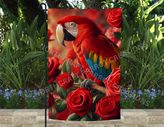 Scarlet Macaw Among Roses Garden Flag