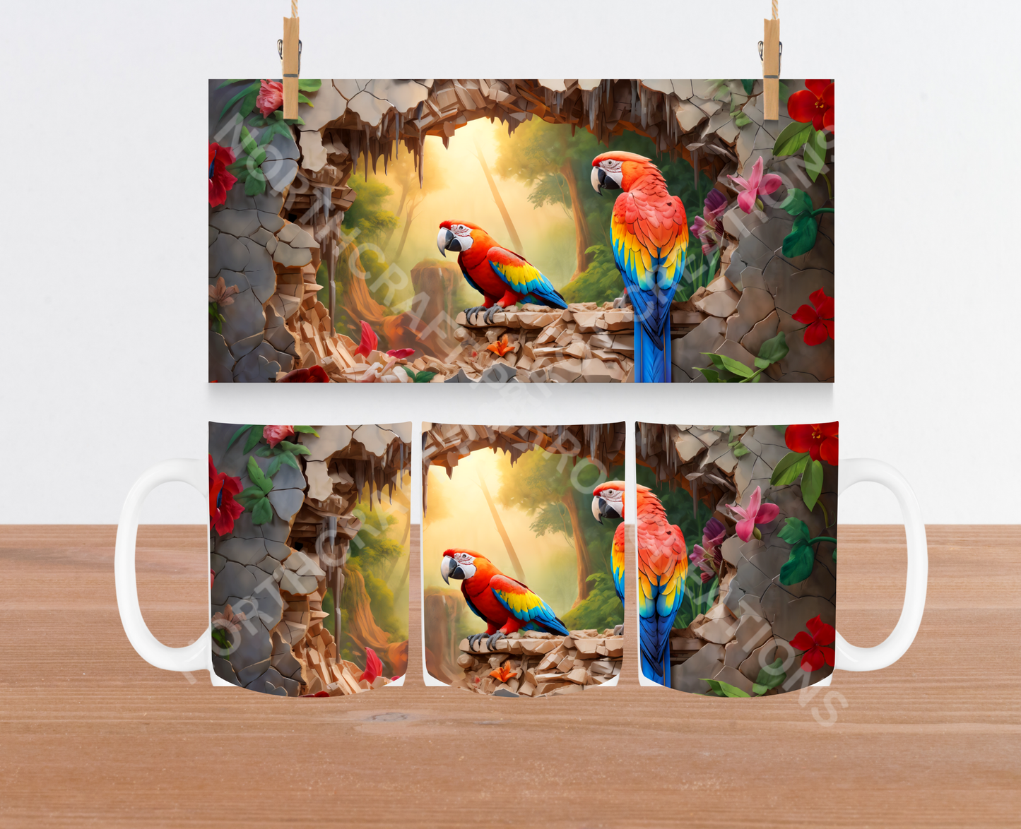 Scarlet Macaw Pair in a Broken Wall 15oz Ceramic Mug