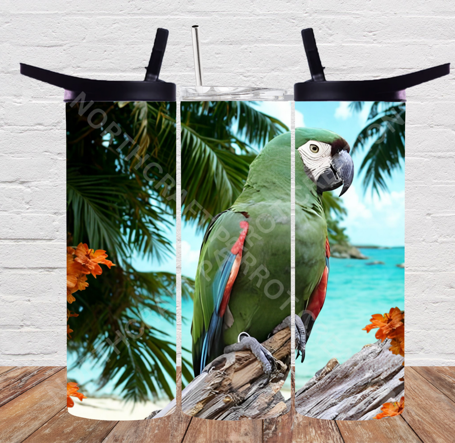 Severe Macaw on a Log on the Beach 20oz or 30oz Tumbler
