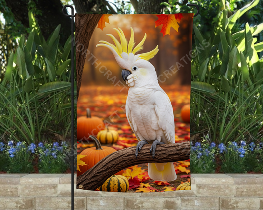 Sulfur Crested Cockatoo in Fall with Leaves and Pumpkins