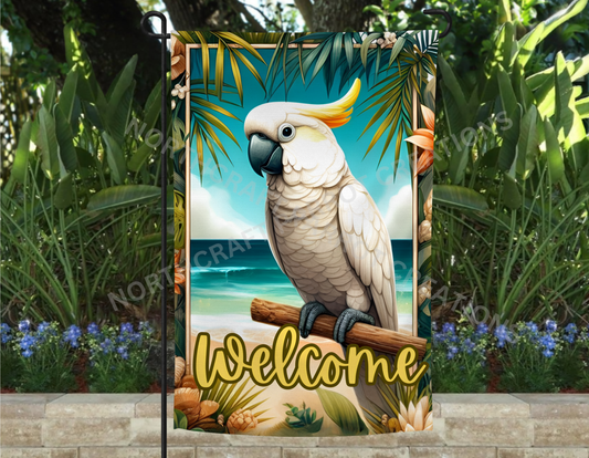 Sulfur Crested Cockatoo on Beach "Welcome" Garden Flag